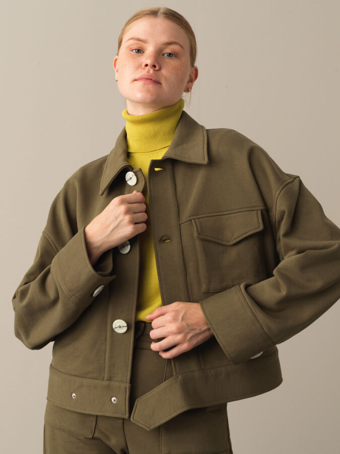 Haki Pamuk Dokulu Oversize Ceket - Xint