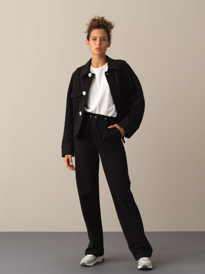 Siyah Pamuk Dokulu Oversize Ceket - Xint