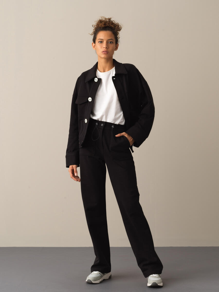 Siyah Pamuk Dokulu Oversize Ceket - 2