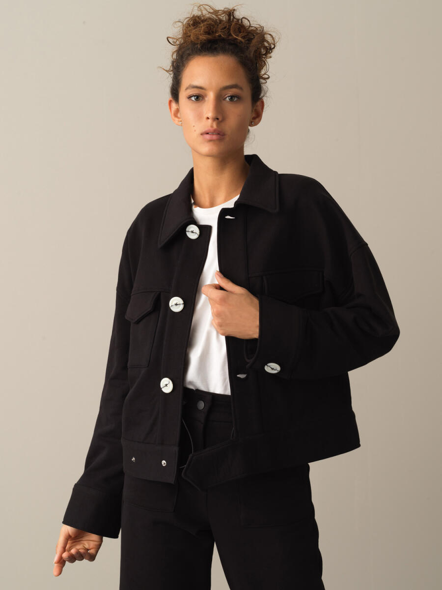 Siyah Pamuk Dokulu Oversize Ceket