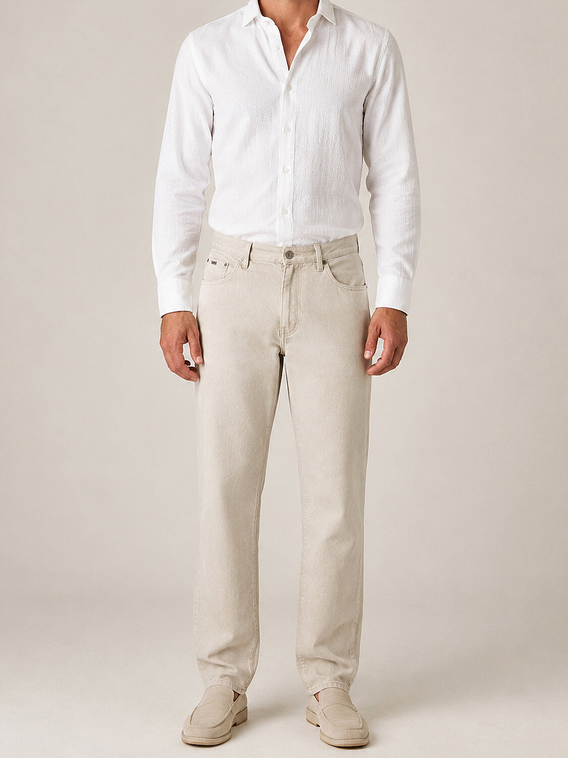 Bej Pamuk Dokulu Regular Fit Pantolon (1)