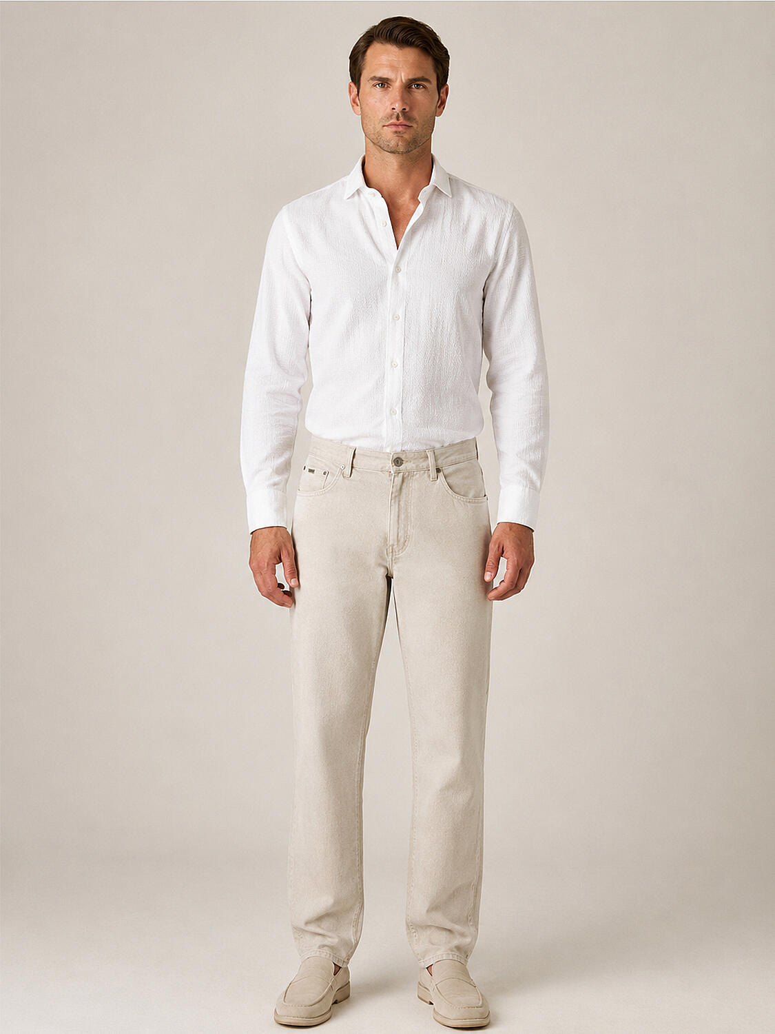 Bej Pamuk Dokulu Regular Fit Pantolon - 2