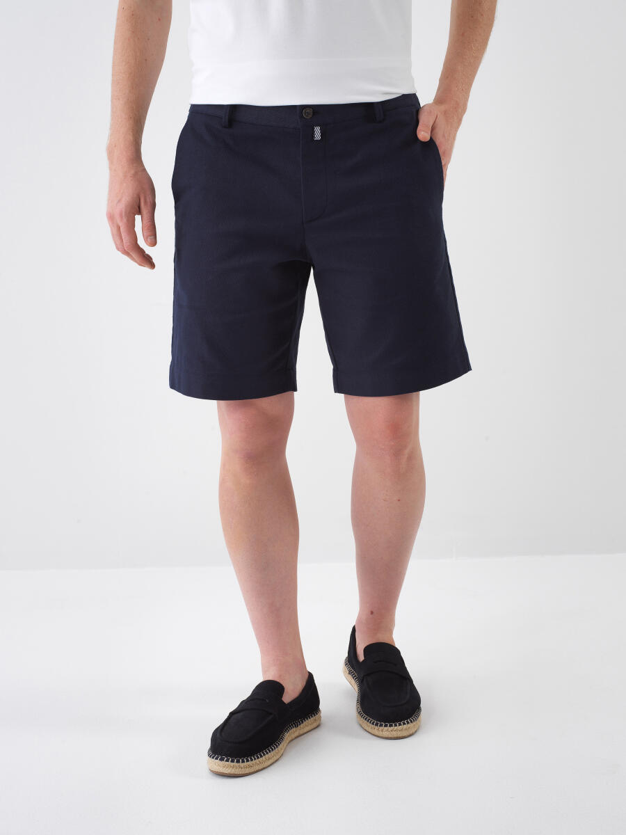 Lacivert Keten Karışımlı Regular Fit Şort - 1