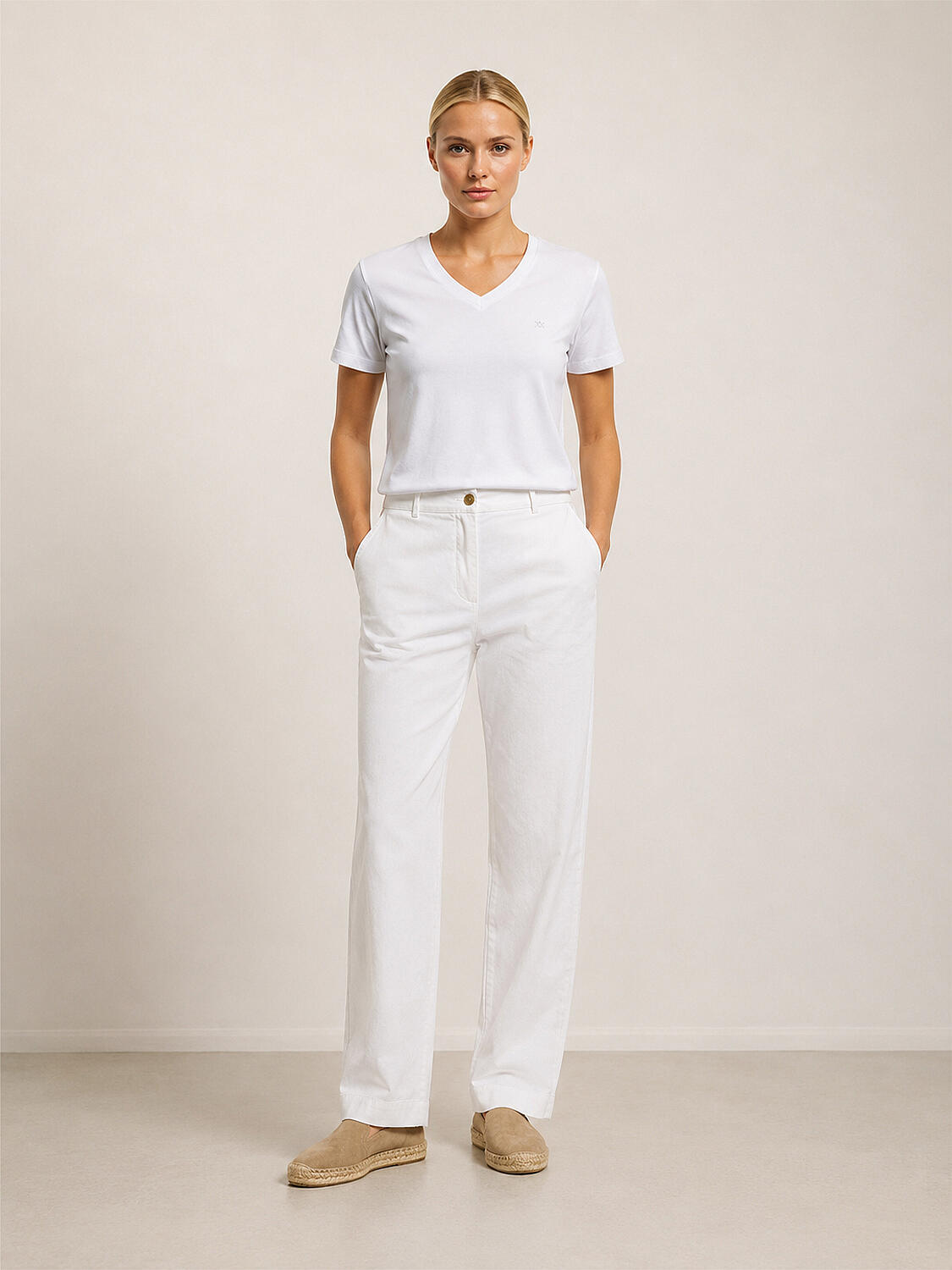 Beyaz Pamuk Dokulu Regular Fit Pantolon (2)