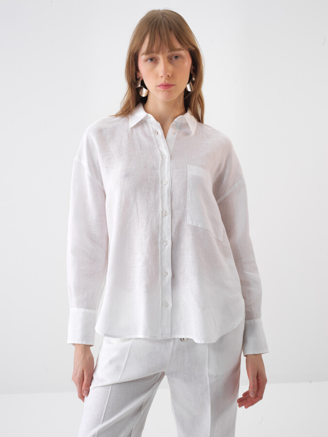 Beyaz %100 Keten Oversize Gömlek - 1