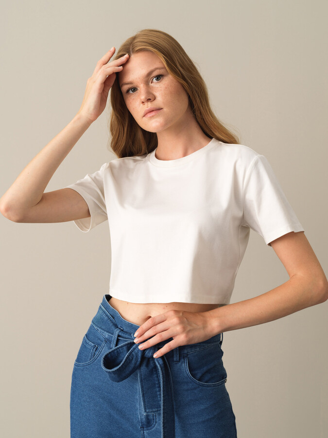 Beyaz Modal Dokulu Regular Fit Crop - Xint