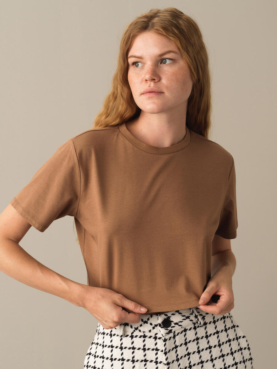 Camel Modal Dokulu Regular Fit Crop