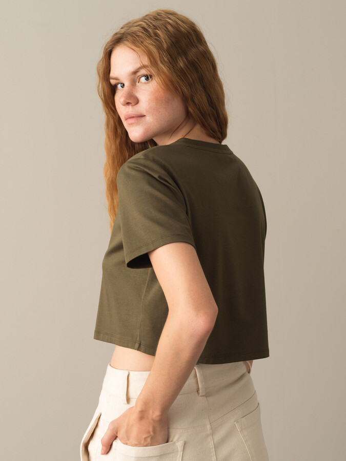 Haki Modal Dokulu Regular Fit Crop - Xint