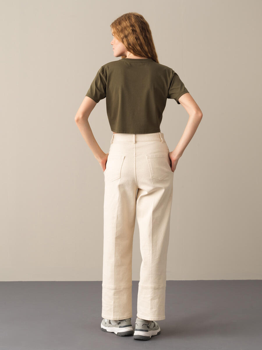 Haki Modal Dokulu Regular Fit Crop - 4