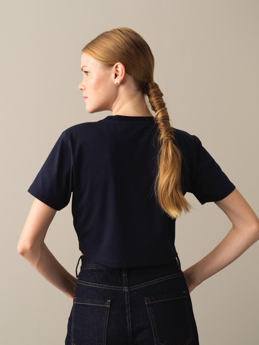 Lacivert Modal Dokulu Regular Fit Crop - 5