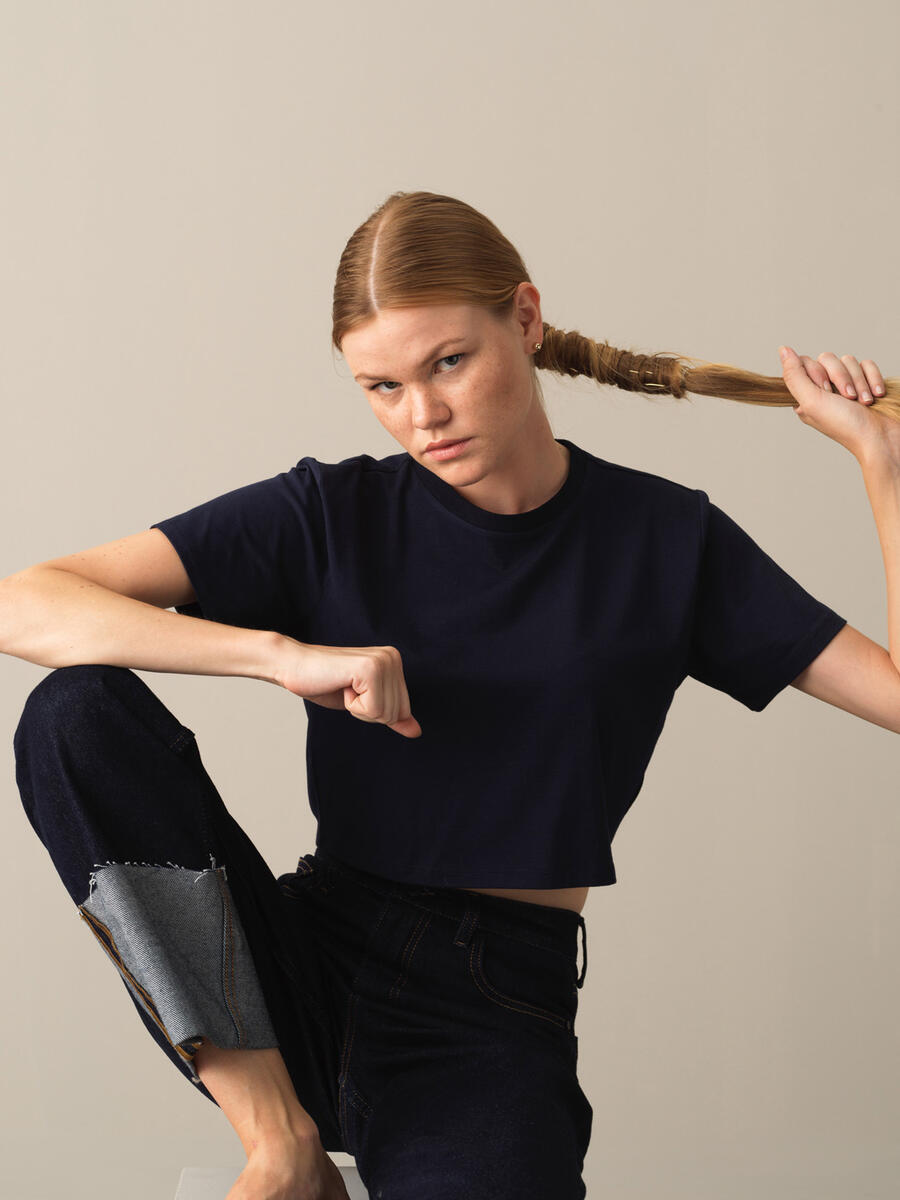 Lacivert Modal Dokulu Regular Fit Crop - 3