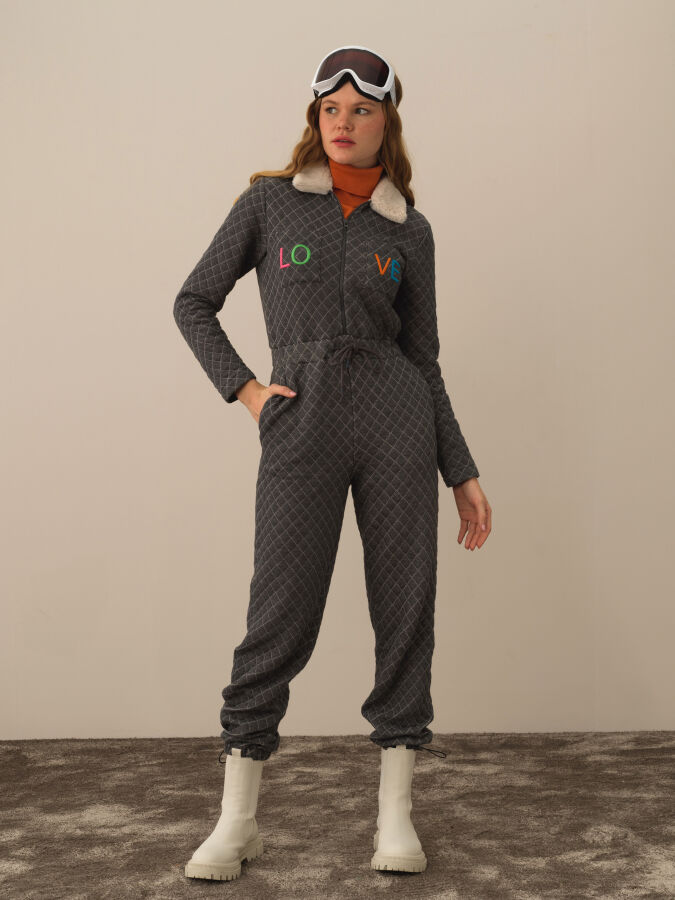 Collar with Fur Regular Fit Jumpsuit - Xint