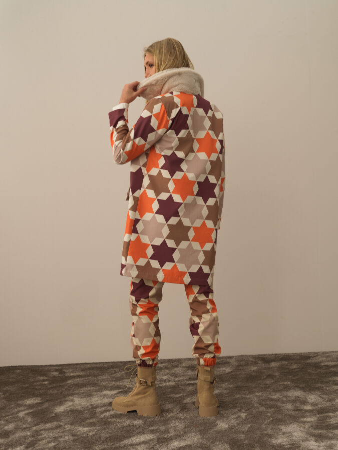 Collar with Fur Regular Fit Panel Printed Jacket - Xint