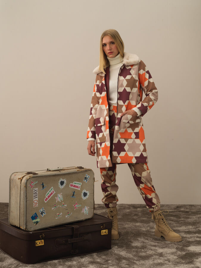 Collar with Fur Regular Fit Panel Printed Jacket - Xint