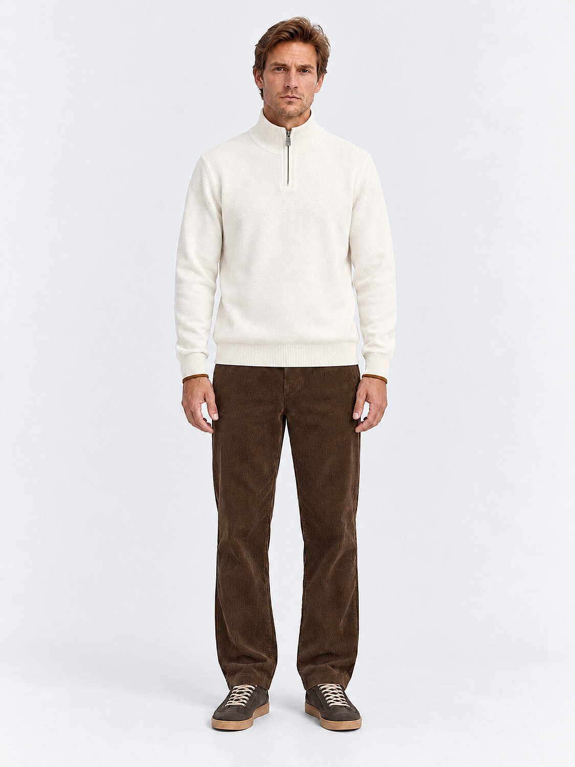 Ekru Regular Fit Fermuarlı Dik Yaka Kazak - 3