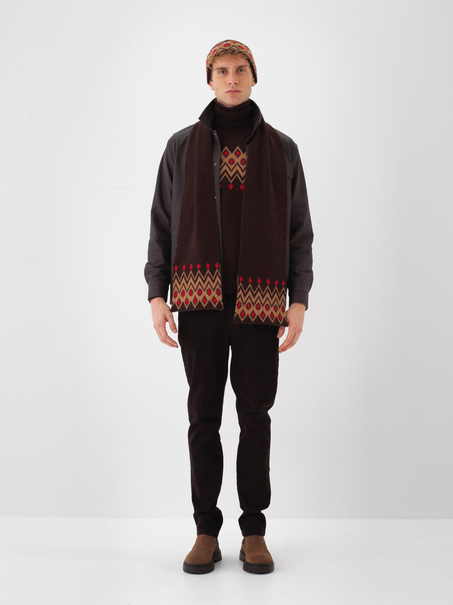 Kahverengi Doğal Yün Dokulu Standart Fit Atkı - 2