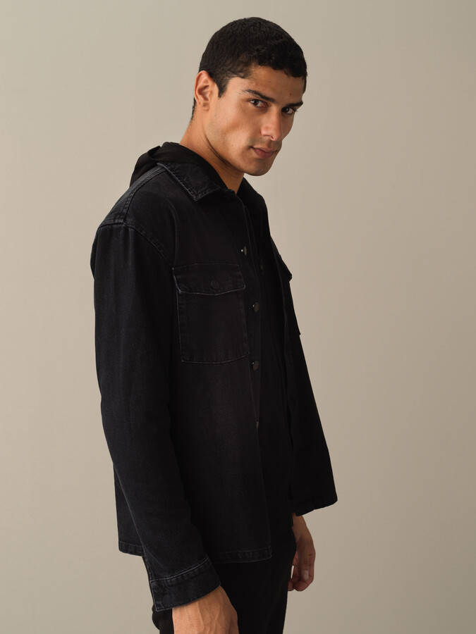 Gri Pamuk Dokulu Oversize Denim Gömlek - Xint