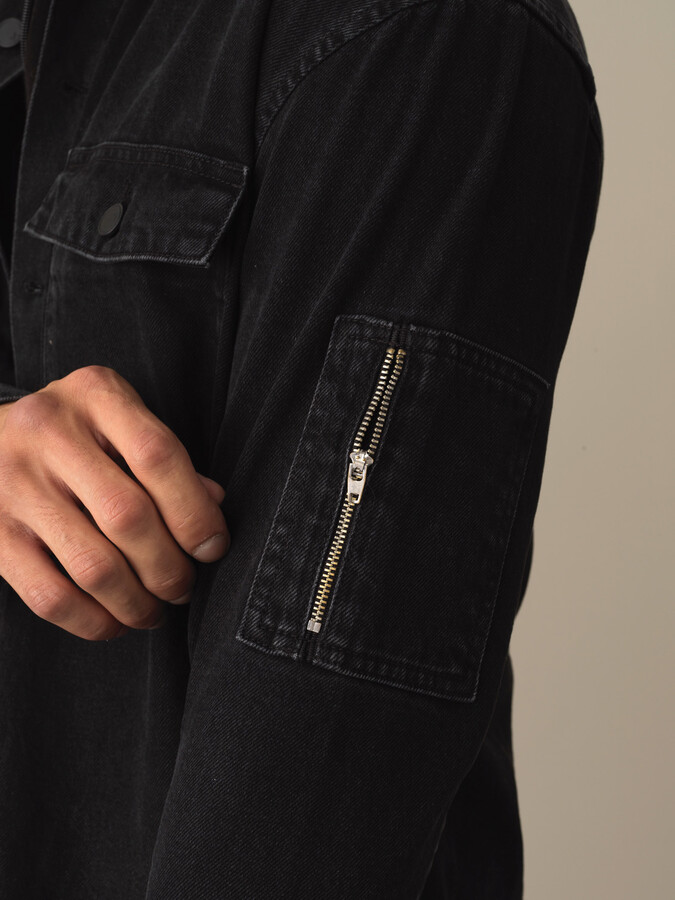 Gri Pamuk Dokulu Oversize Denim Gömlek - Xint