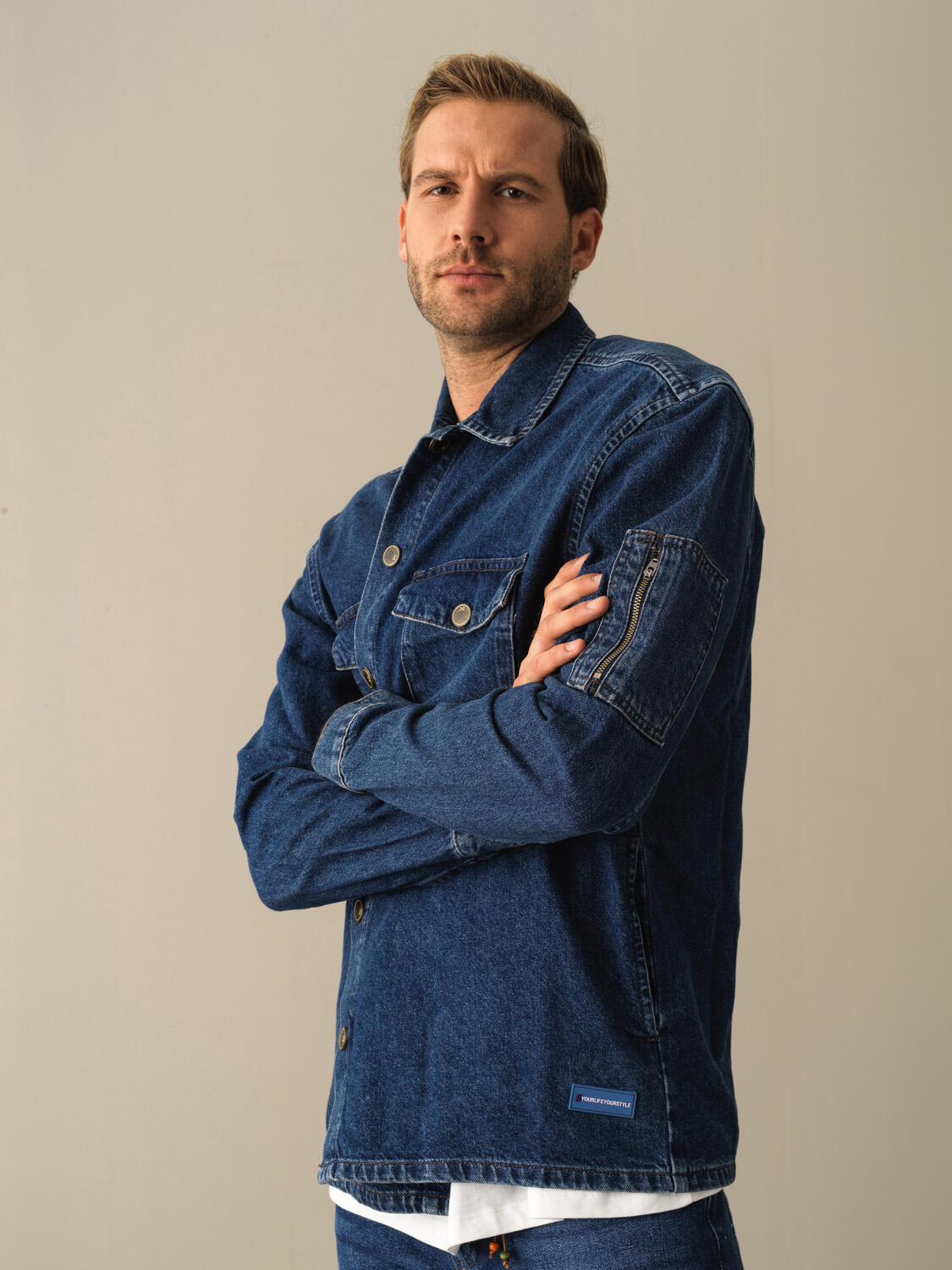 Lacivert Pamuk Dokulu Oversize Denim Gömlek 