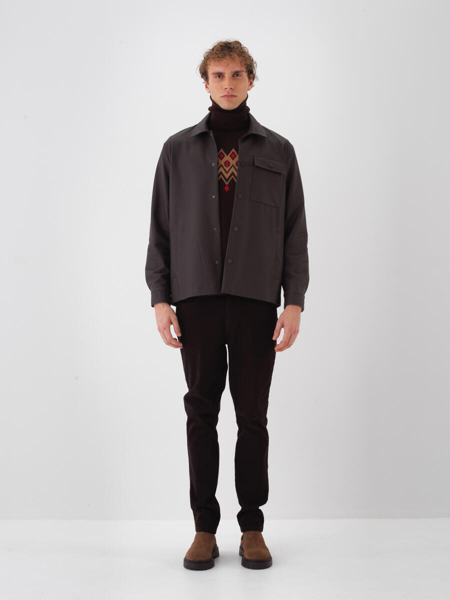 Kahverengi Deri Görünümlü Regular Fit Ceket - 2