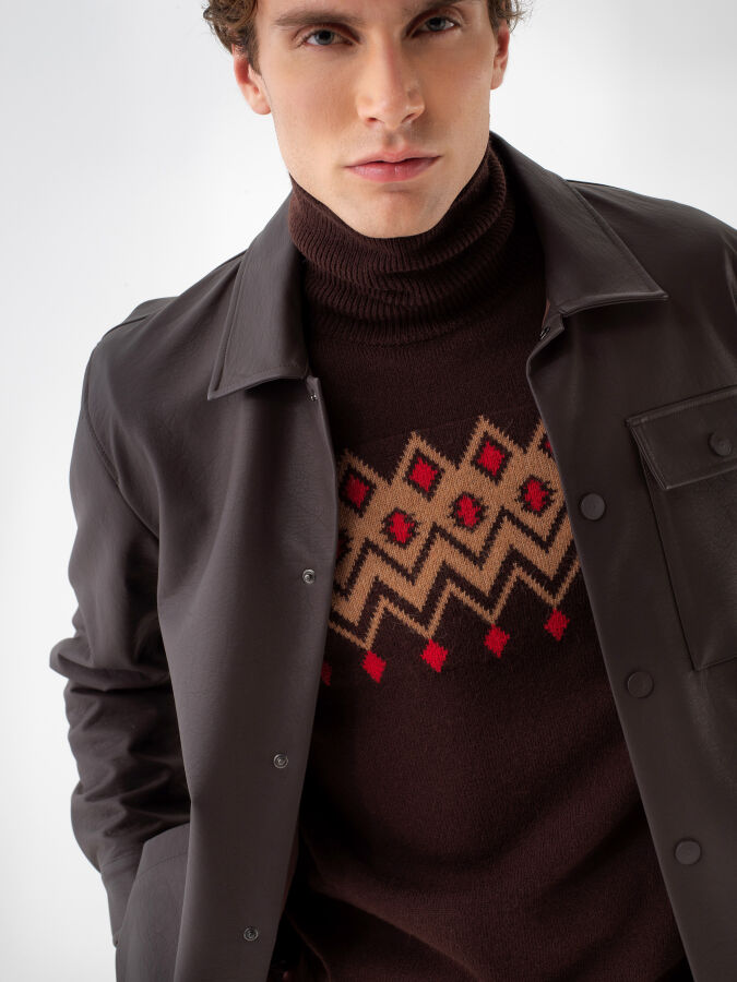 Kahverengi Deri Görünümlü Regular Fit Ceket - Xint