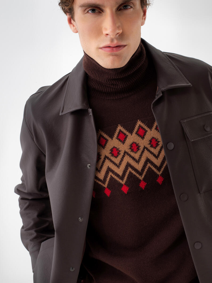 Kahverengi Deri Görünümlü Regular Fit Ceket