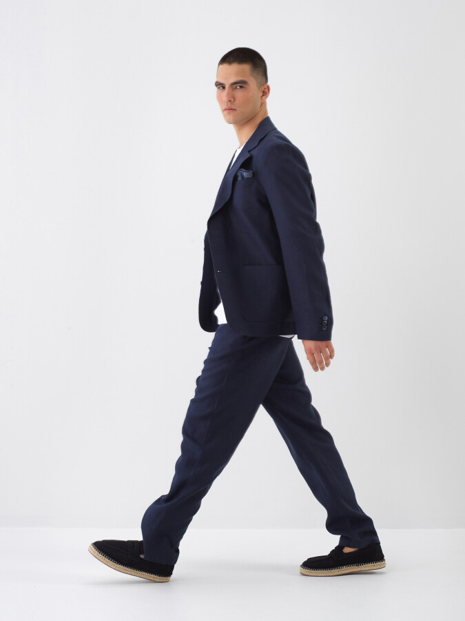 Lacivert %100 Keten Regular Fit Ceket - 3