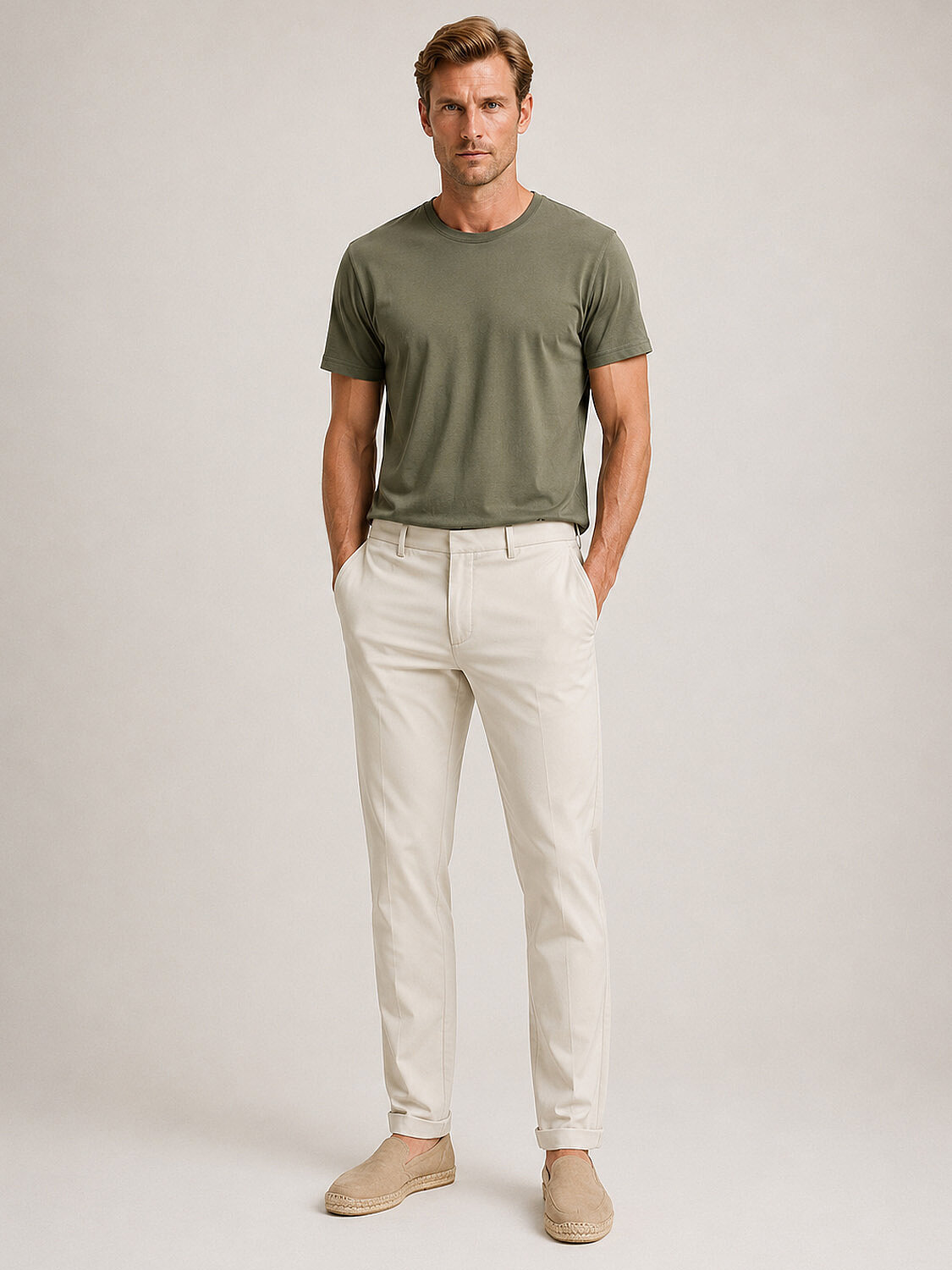 Bej Pamuk Dokulu Slim Fit Chino Pantolon (1)