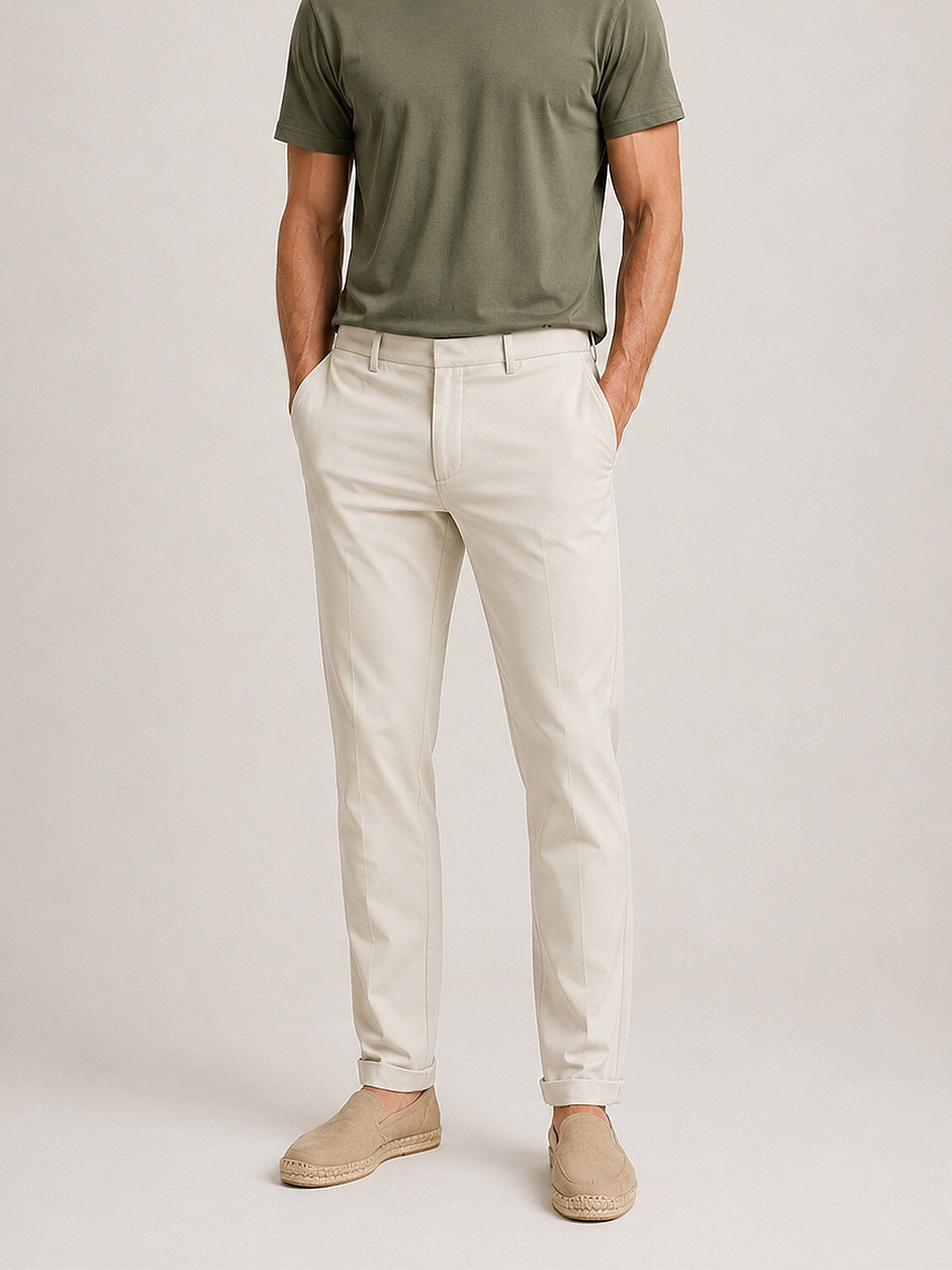 Bej Pamuk Dokulu Slim Fit Chino Pantolon