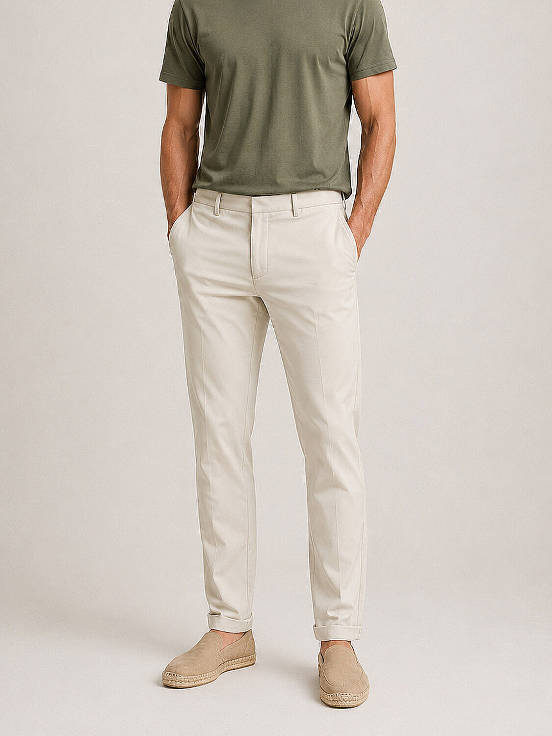 Bej Pamuk Dokulu Slim Fit Chino Pantolon (1)