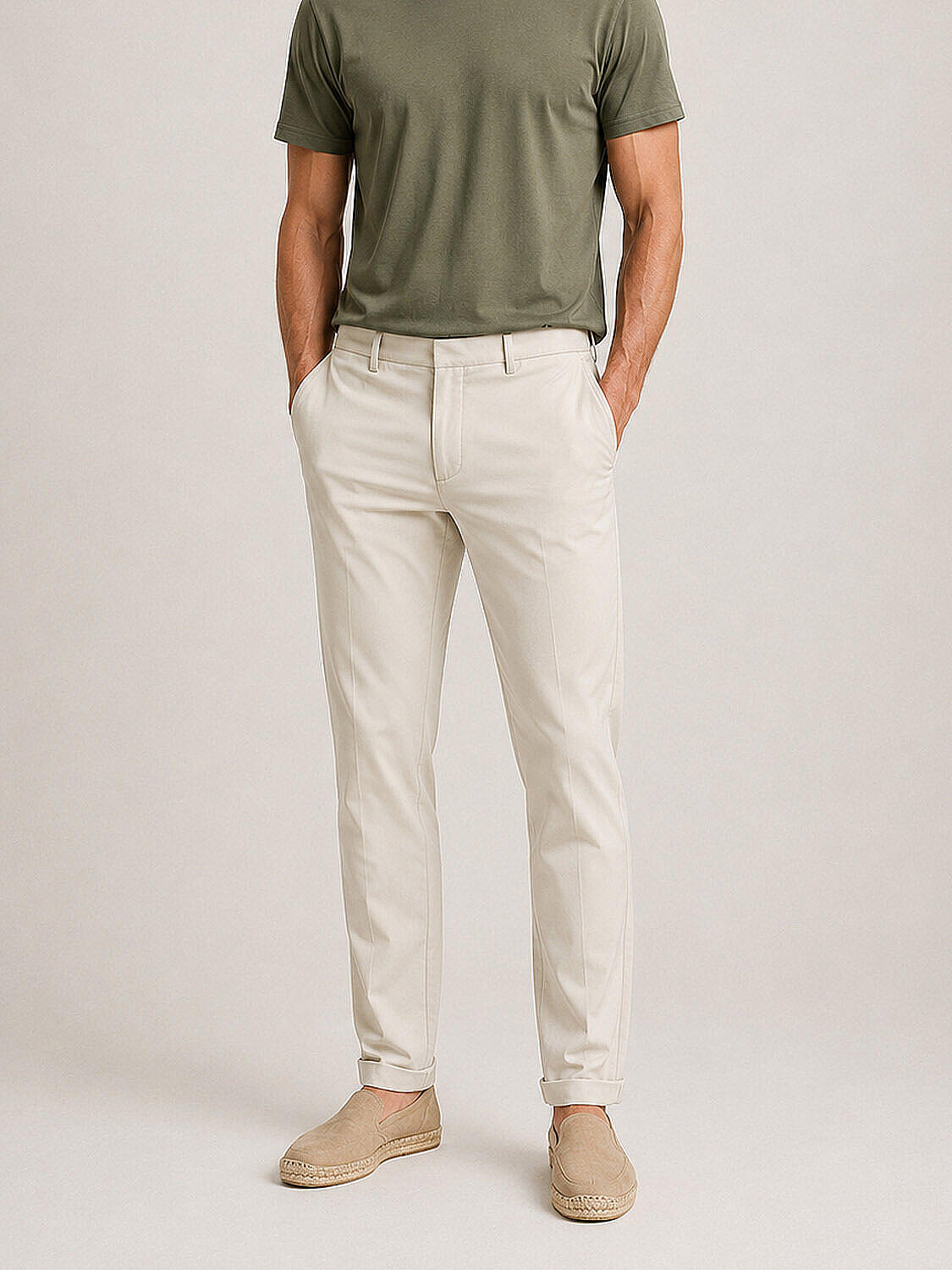Bej Pamuk Dokulu Slim Fit Chino Pantolon (2)