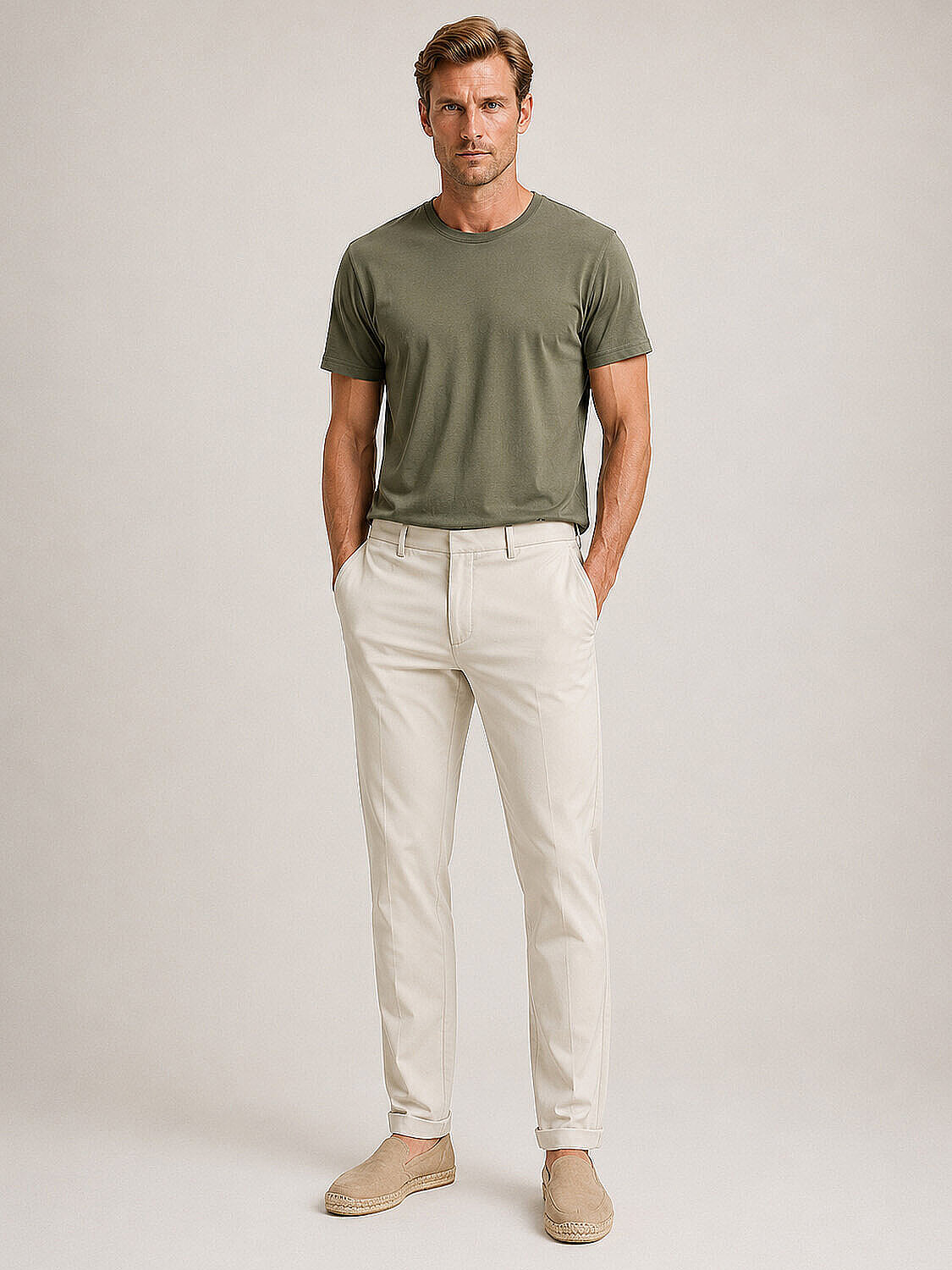 Bej Pamuk Dokulu Slim Fit Chino Pantolon