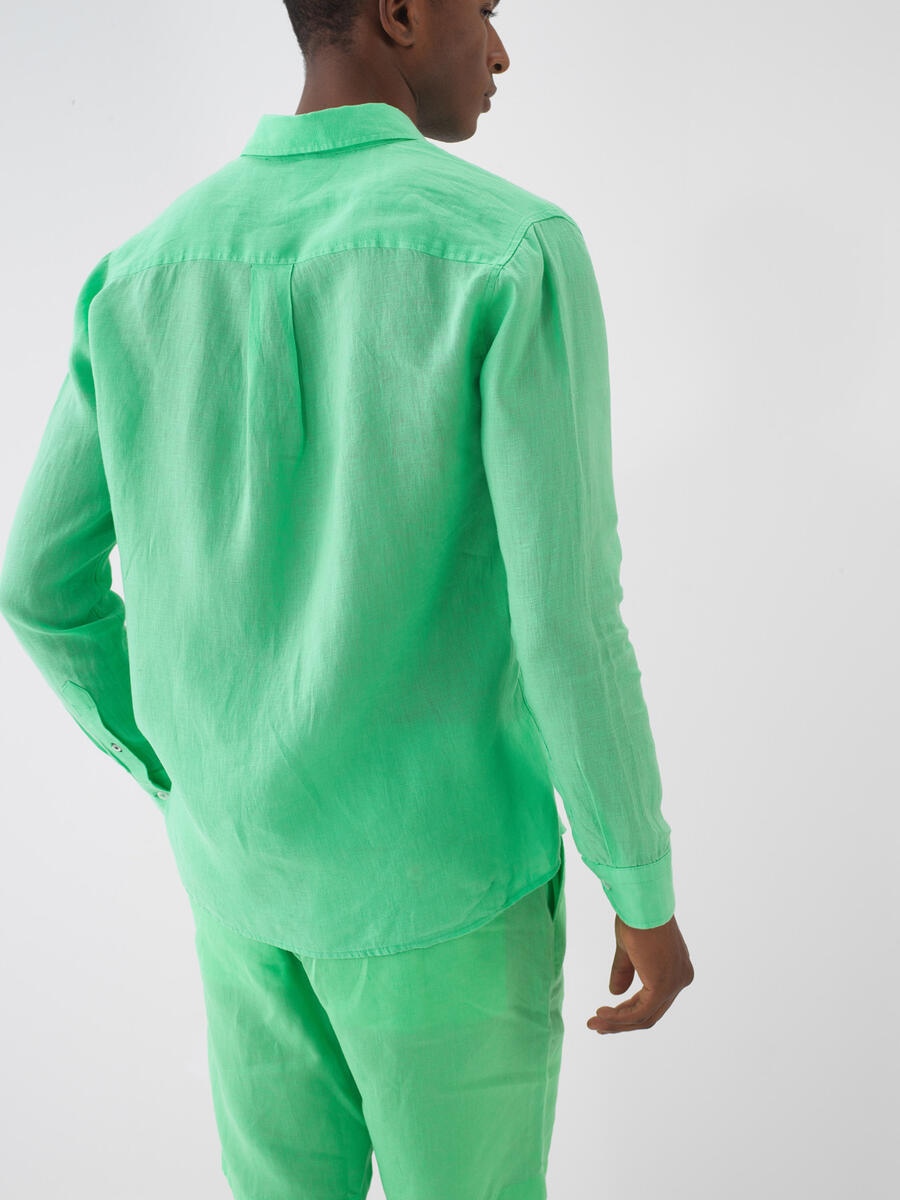 Yeşil %100 Keten Regular Fit Gömlek - 5