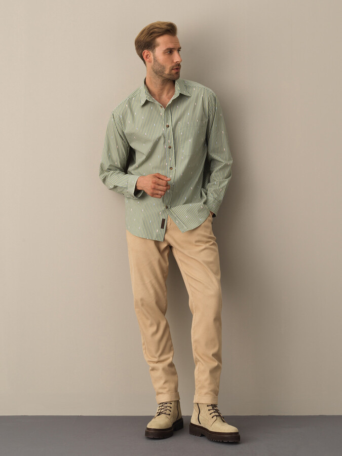 Yeşil Pamuk Dokulu Oversize Çizgili Gömlek - Xint