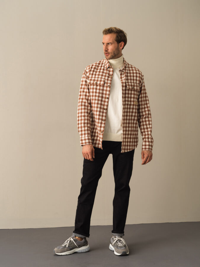 Camel Pamuk Dokulu Oversize Modern Ekose Gömlek - Xint