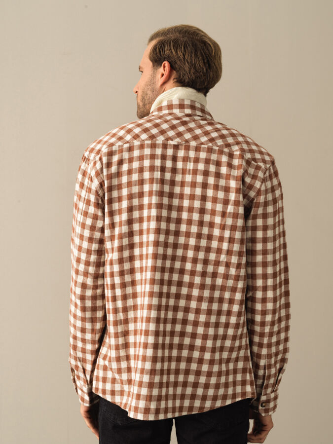 Camel Pamuk Dokulu Oversize Modern Ekose Gömlek - Xint