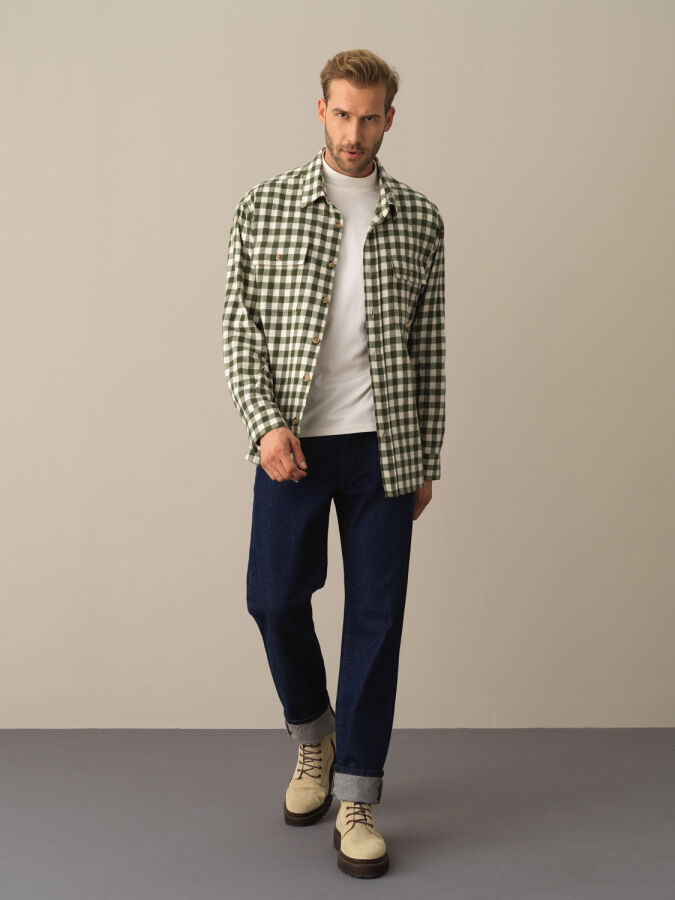 Yeşil Pamuk Dokulu Oversize Modern Ekose Gömlek - Xint