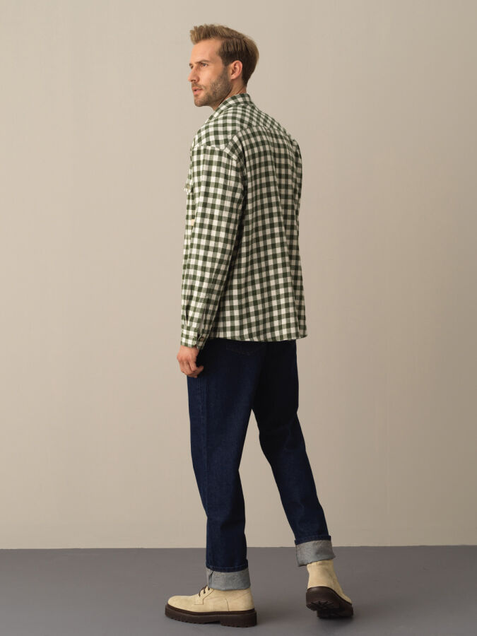 Yeşil Pamuk Dokulu Oversize Modern Ekose Gömlek - Xint