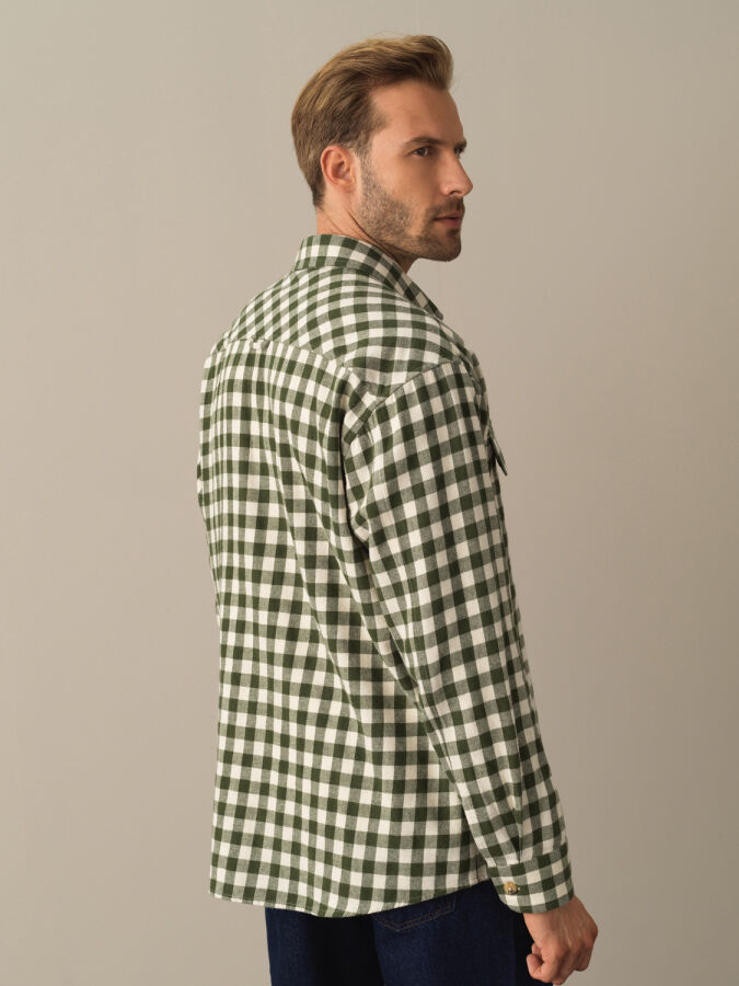 Yeşil Pamuk Dokulu Oversize Modern Ekose Gömlek - Xint