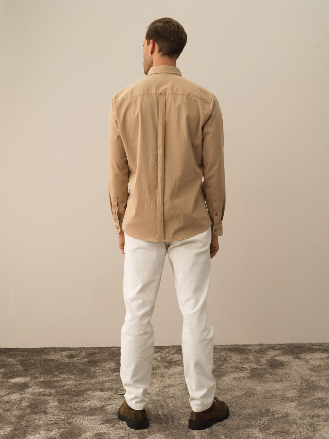 Bej Pamuk Dokulu Regular Fit Gömlek - Xint