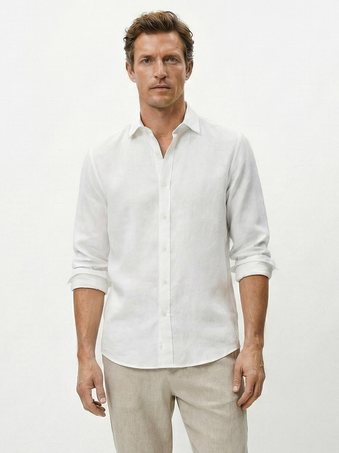 Beyaz %100 Keten Regular Fit Gömlek - 1