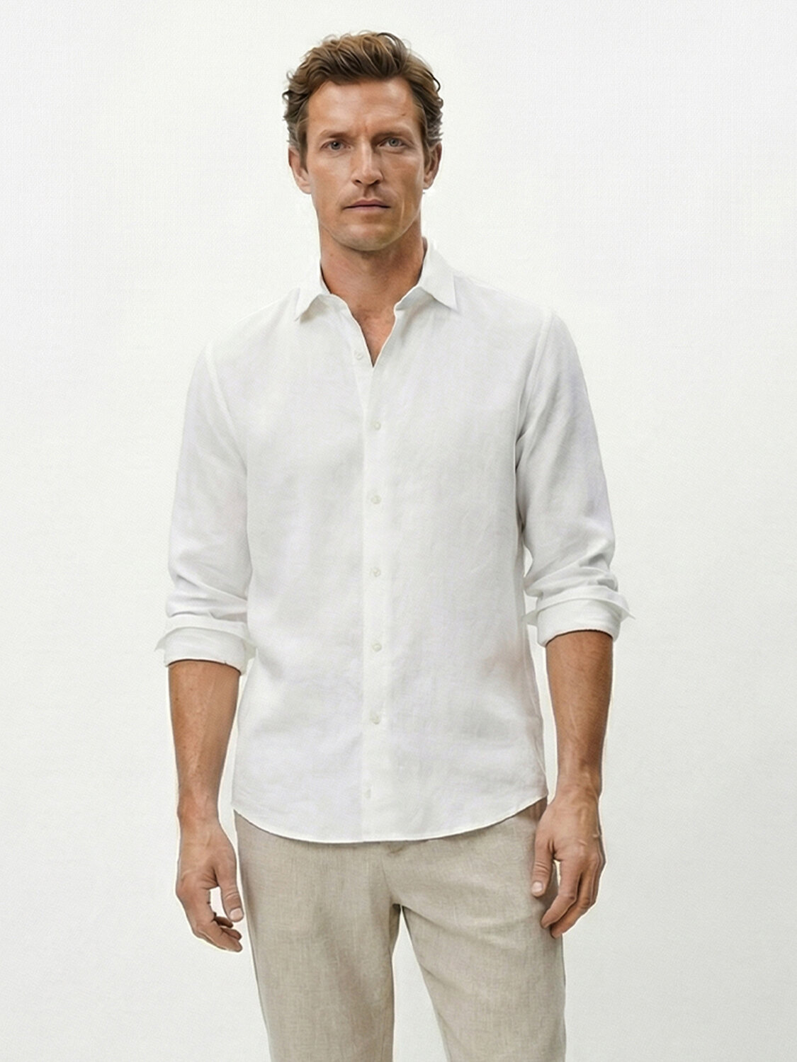 Beyaz %100 Keten Regular Fit Gömlek
