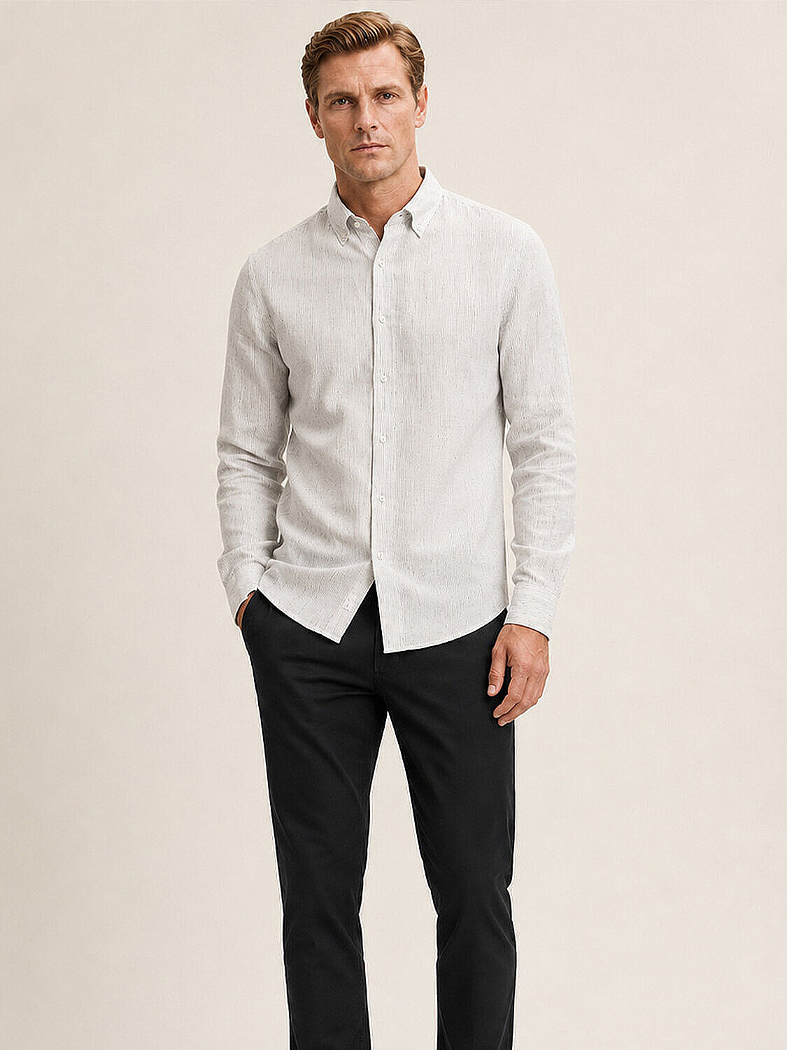 Beyaz %100 Keten Regular Fit Gömlek (1)