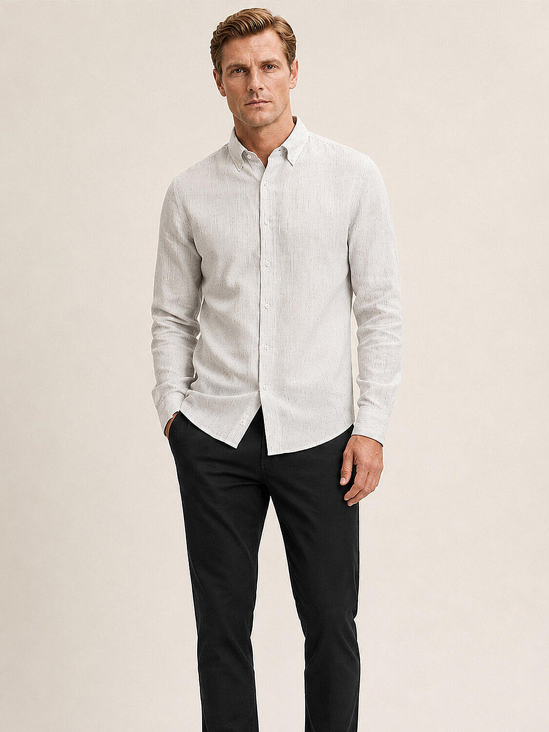 Beyaz %100 Keten Regular Fit Gömlek (1)