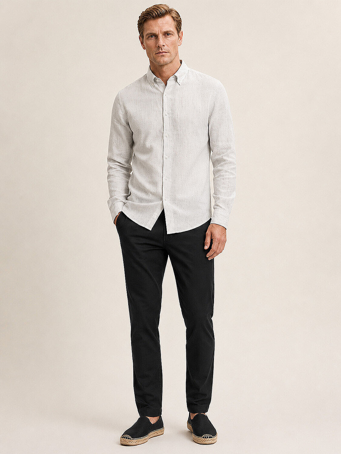 Beyaz %100 Keten Regular Fit Gömlek (2)