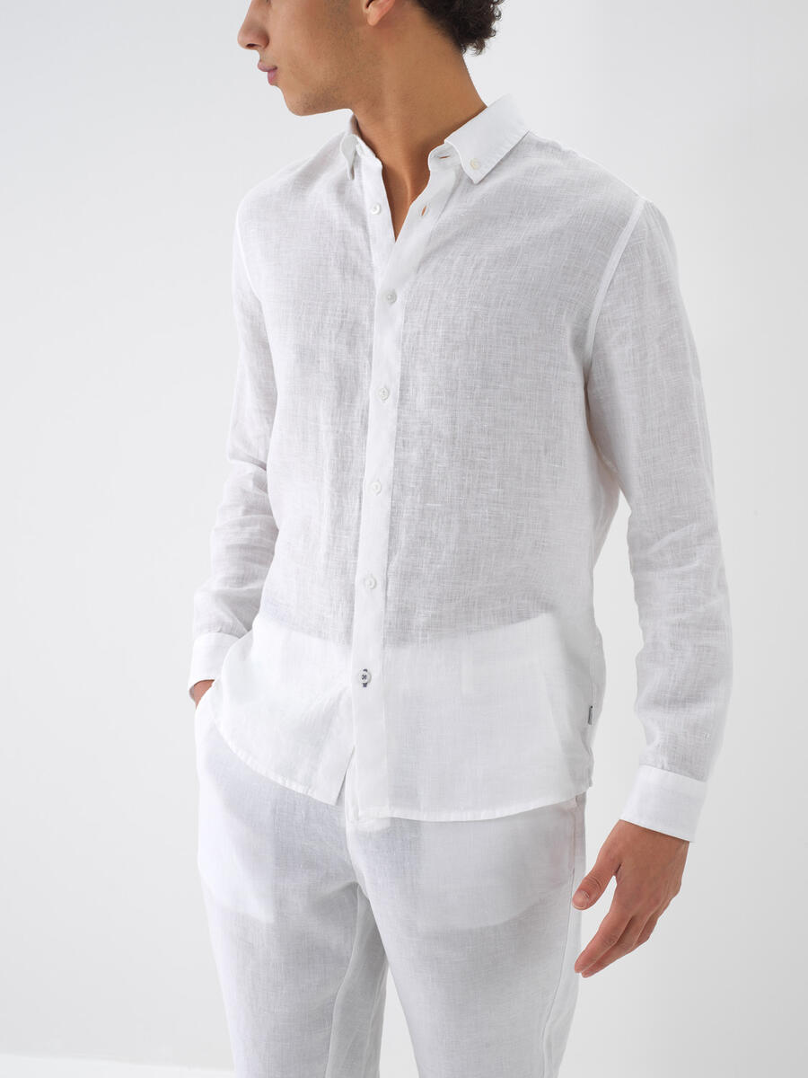 Beyaz %100 Keten Regular Fit Gömlek - 1