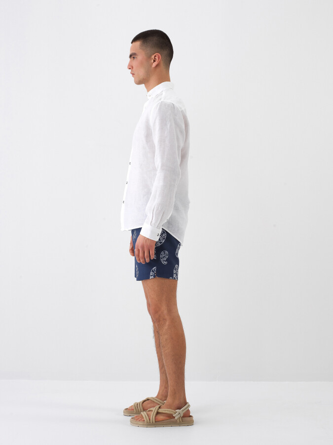 Beyaz %100 Keten Regular Fit Gömlek - 3