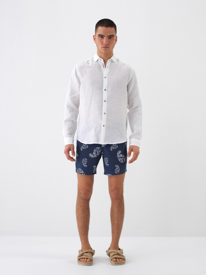 Beyaz %100 Keten Regular Fit Gömlek (1)