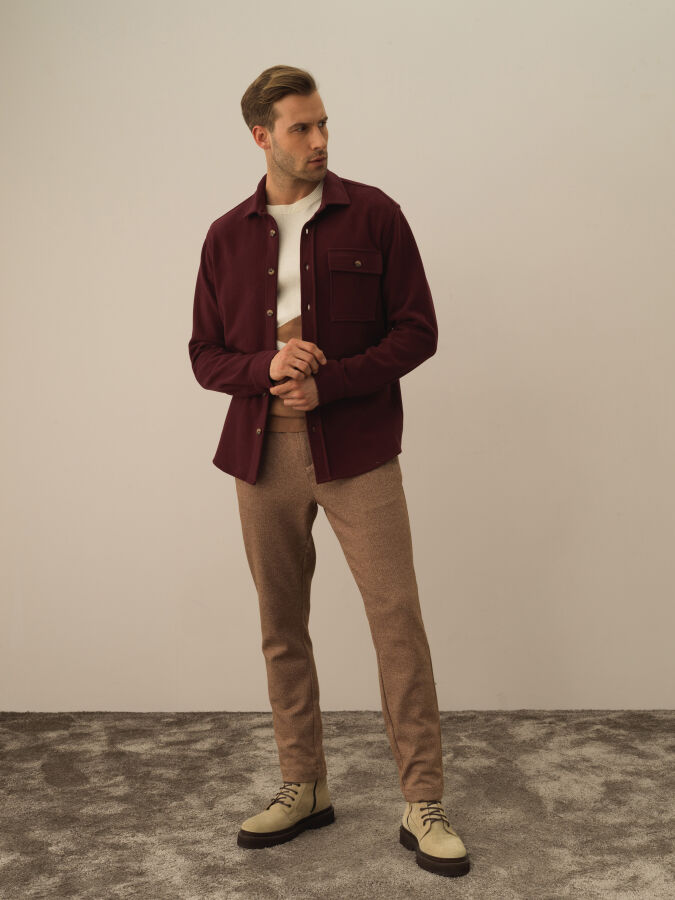 Bordo Pamuk Dokulu Regular Fit Gömlek - Xint