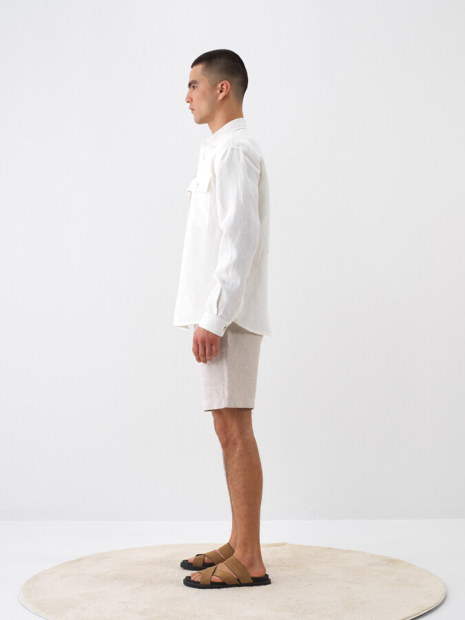 Beyaz %100 Keten Regular Fit Gömlek Ceket - 3
